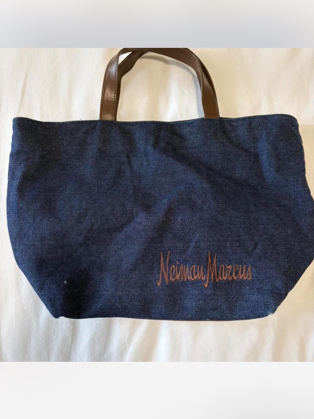 Neiman Marcus Dark Blue Denim Tote with Brown Handles